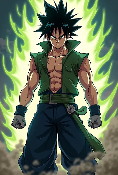 dbsuper style, 
1. Sasuke Uchiha, Aura, waist belt, blonde hair, bruise, bruise on face, clenched hands, scowl, frown, mitts, green eyes, grey mitts, dolorida, male focus, Muscular, muscular man alone, spiky hair, Super Saiyajin, Super Saiyajin 2, upper bo...