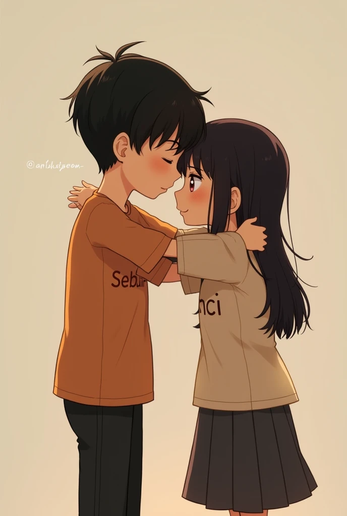 a short boy with "Sebuhi" written on his shirt and a tall girl with "İnci" written on his shirt are hugging