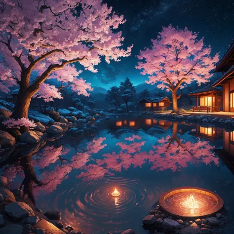 3D cherry blossom tree hot spring bright anime antique style at night