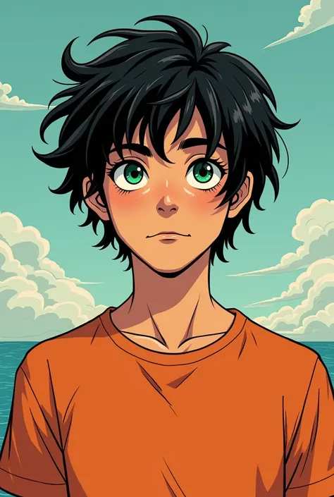 {illustration of Percy Jackson, son of Poseidon, messy jet black hair, sea green eyes, Mediterranean complexion, wearing orange tshirt, A blend of comic book art and lineart full of natural color}, cinematic lighting, glimmer, panorama, Wide-Angle, 85mm, m...