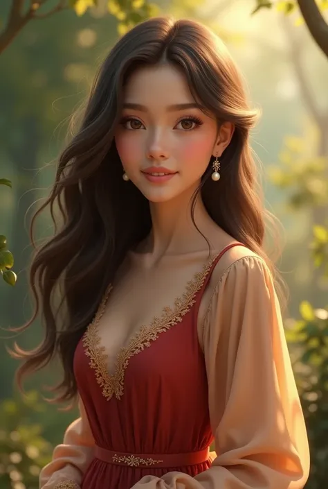 Great! Could you describe her in more detail? For example:

Hairstyle (e.g., long, short, curly, straight, ponytail)

Outfit (e.g., casual, traditional, dress, specific colors)

Facial features (e.g., soft, delicate, expressive)

Accessories (e.g., glasses...