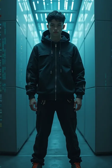 A Hacker boy looking standing straight 