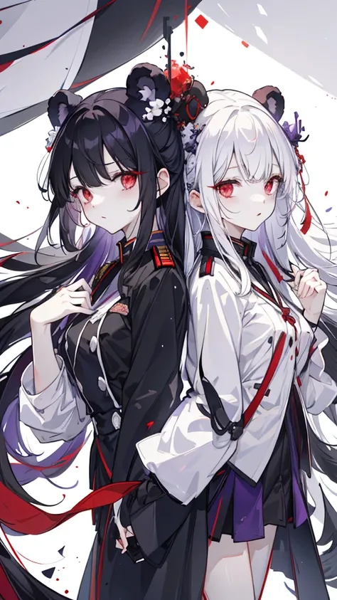 Black Bear，Two-tone hair，The right half is white hair，The left half has black hair，There is a white V in the middle of the hair，Red eyes，slim figure，black military uniform，Purple披肩，white collar，Purple