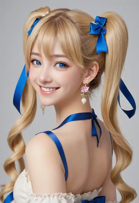 One girl, solo, High resolution, Long Hair, chest, Look at, Blushing, smile, blue eyes, Blonde, Simple Background, ribbon, Twin tails, accessories, とてもLong Hair, Earrings, teeth, Hair Flower, Rear view, Best Quality, High resolution, Nikon, Aperture F1.2, ...