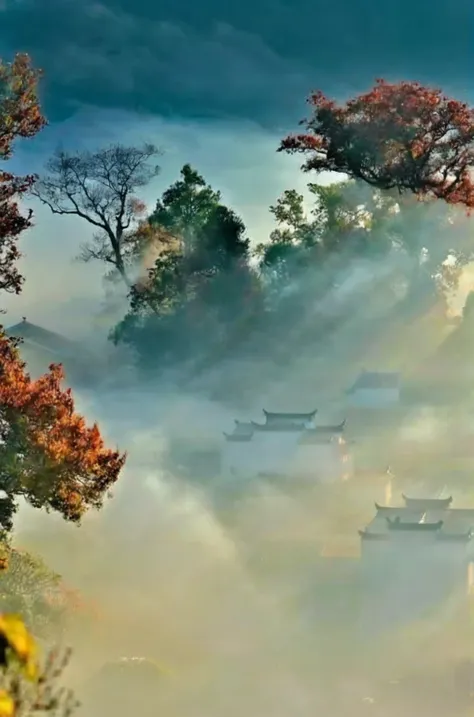 There is a photo of foggy mountains, Divine light in the mist, Glowing colorful mist, (mist), author：Xu Xi, Mist morning light, Soft autumn sunshine, Light morning mist, author：Yan Liben, light mist, mists, Misty volumetric light morning, Beauty fog, morni...