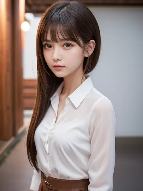 Product quality,1 girl,Cowboy Shot,Front view,Young and pretty girl in Japan,Midday,Wearing a stylish white blouse,Wearing a micro mini skirt,Super cute face,Baby Face,Glossy Lips,Big eyes,Double eyelids on both eyes,(Natural Makeup),Brown eyes,shiny smoot...