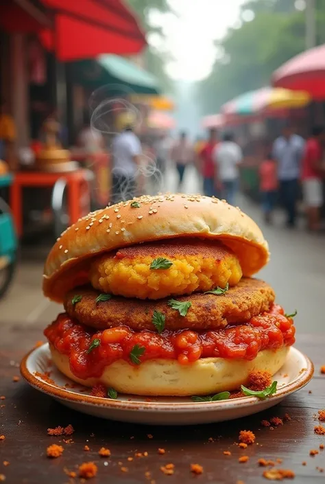 A vadapav with chilli 
