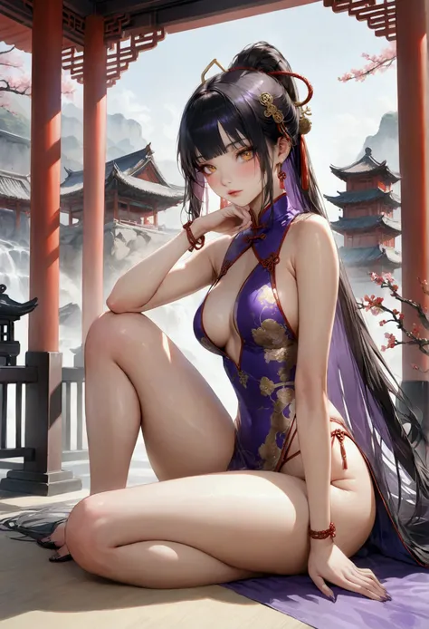 Long smooth straight black hair, inner colored dark-purple hair, golden eyes,sitting in skimpy Chinese clothes, masterpiece, super detail, best quality, 8k,realistic