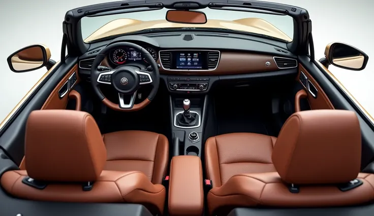 
"Generate a detailed interior view of the 2025 MG MGB Roadster. Focus on showcasing the luxurious cabin with premium leather seats, a modern dashboard layout, a sleek steering wheel, and advanced technology features like a digital instrument cluster and t...