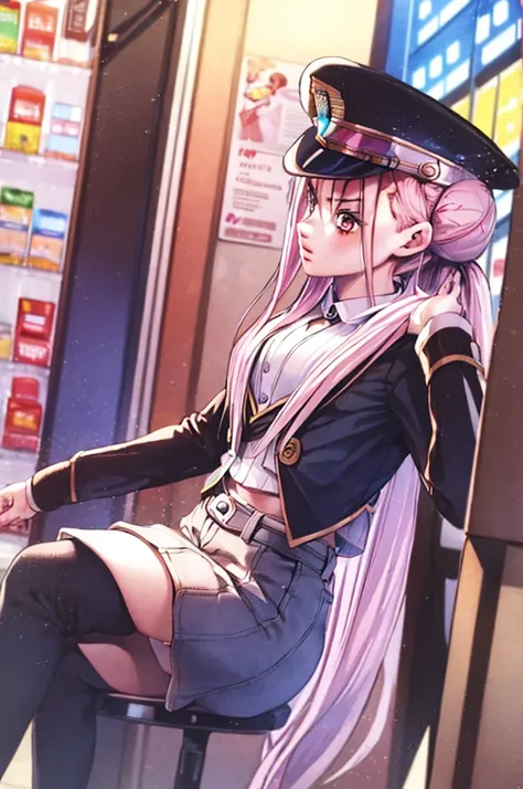 (masterpiece, best quality:1.4), (8k, raw photo, photo realistic:1.2), ultra high res,
1girl, petite, looking at canned juice, vending machine,
tamasts, long hair, hat, pink hair, peaked cap, hair bun, twintails, black headwear, bangs