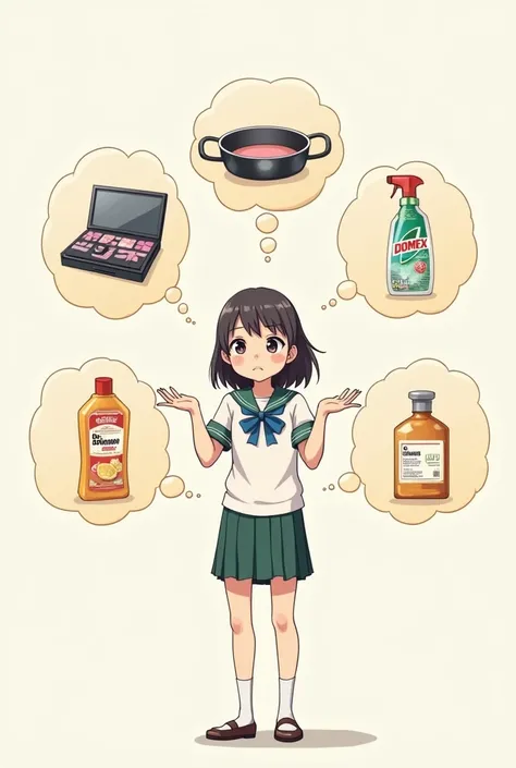 solo school girl in the middle and doing this "🤷🏻‍♀️" and with 6 thought bubbles around her. in one bubble, there is make ups. another bubble, stove and pan. another bubble, bottle with "domex" word. another bubble is shampoo. a bottle with "hana shampoo" ...