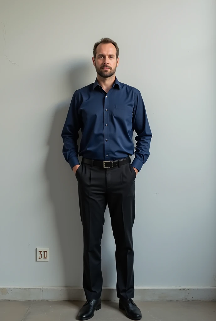 A man  standing background wall wear navy blue shirt and black pant