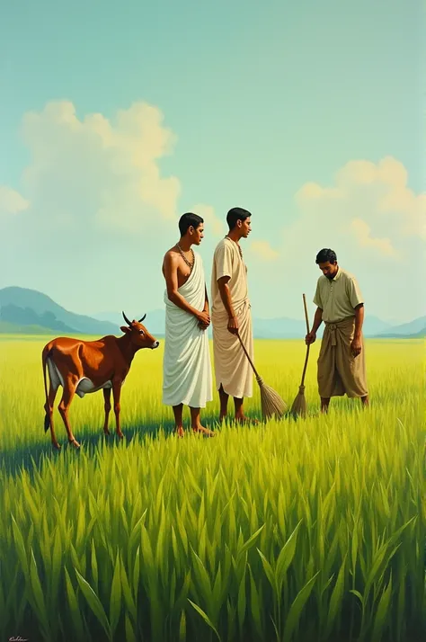 a painting of a man and woman in a rice field with a cow and a man with a broom, Bapu, synthetism, classical painting, an oil on canvas painting