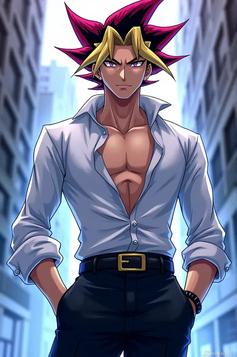 yami yugi, handsome and manly. He is wearing a partially unbuttoned white shirt., He is wearing a pair of well-fitting, elegant black trousers., he has his hands in his pockets. anime, Visual art. 