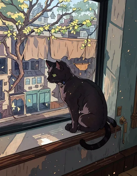 (best quality:0.8), there is a cat sitting on a window sill looking out, looking at the camera, cat on a windowsill, sitting on a window sill, near a window window, nice afternoon lighting, looking off into the distance, there is a backyard out the window,...