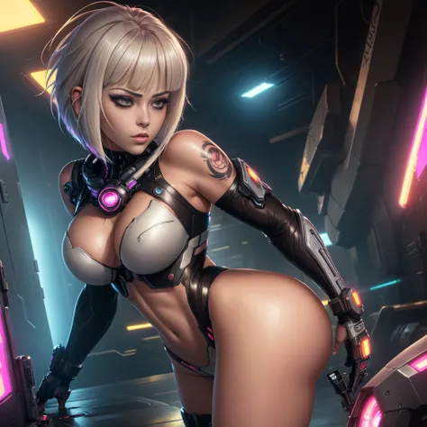 (realistic anime style:1.4), cyberpunk aesthetic, commercial photo, cover poster art, (masterpiece:1.25), (best quality:1.25), highest detail, extreme intricate detail, rich details, photo realistic skin texture, 1woman, model, centerfold, beautiful, ultra...