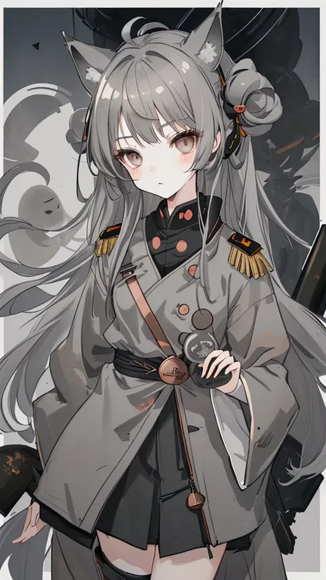 Totoro，gray long hair，Dark Eyes，gray military uniform，Animal ears, bell，Copper coins