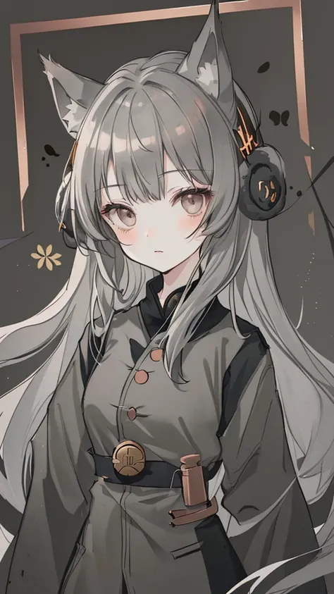 Totoro，gray long hair，Dark Eyes，gray military uniform，Animal ears, bell，Copper coins