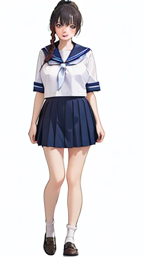 Beautiful Anime Girls, young, Teacher Lookbook、(((Full body image)))、(((smile)))、Open your mouth a little、Micro Mini Skirt、Ultra mini skirt、ponytail、Braids、Long Hair、(((Big Breasts)))、Japanese、low length、((Best Quality、8k、masterpiece:1.3)),((((Full Body Sh...