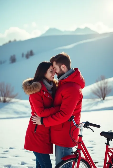 A couple, bright background, hill covered with snow, wearing red jackets, potrait shot, a red bike, quality photo, detailed texture.