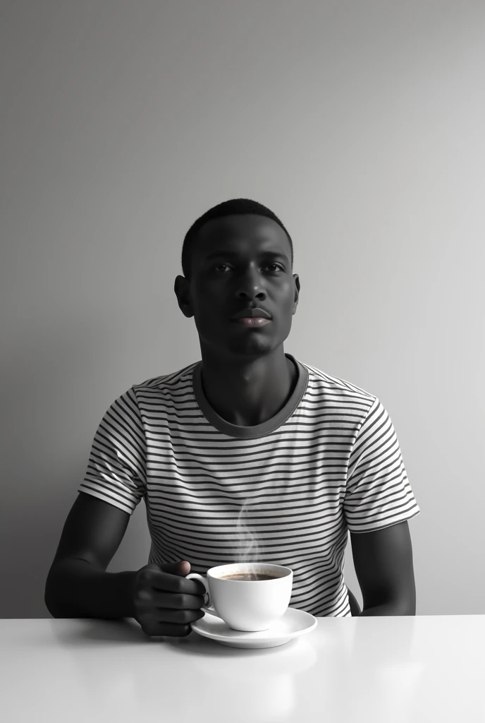 Black and white lining tshirt sit on chair hand on table with coffee cup 