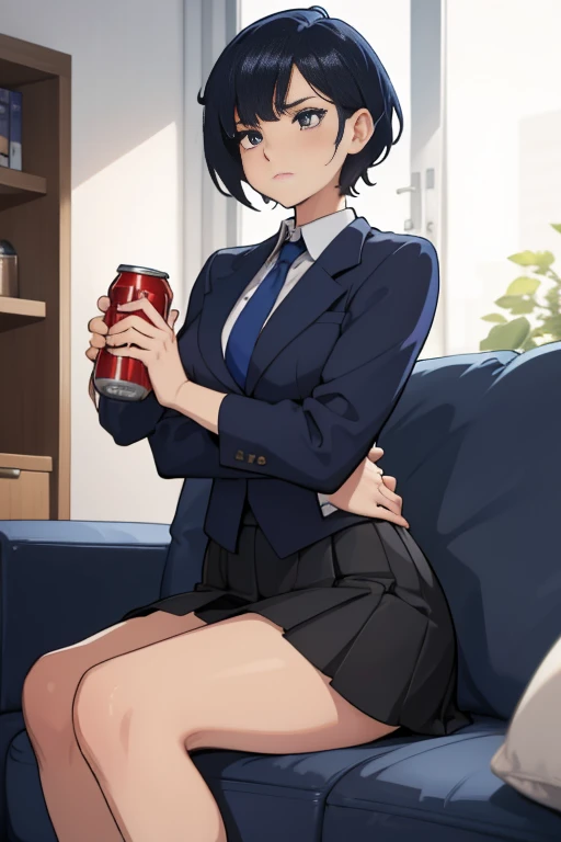 A career woman, 3, wearing a suit、1 person、Hairstyle: Short Hair Permanent、Navy blue skirt underneath、With a tired look on his face, he takes out a can of beer from the refrigerator at home and drinks it.、Hold a can of beer in your right hand、Sit lazily on...