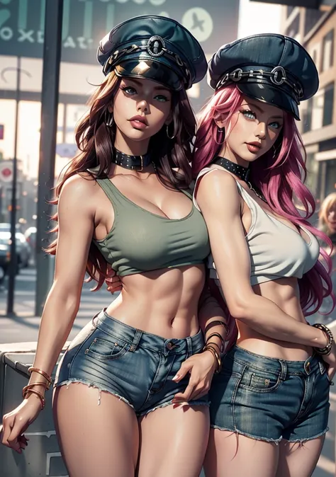 masterpieceHigh quality CG, The best quality, perfect picture, 1 beautiful woman, poison (sf), smiling, SEXY BREASTS, sexy ass, peaked cap, neck, green crop top, denim shorts, back view, flirtatious look