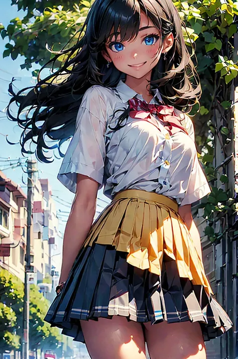 masterpiece,Best Quality,Detailed one girl,Black Hair.Long Hair,High school girl,Petite,Small breasts,Illustrations inspired by Makoto Shinkai,blue eyes,White button-down short-sleeve shirt,Checkered pleated skirt,smile