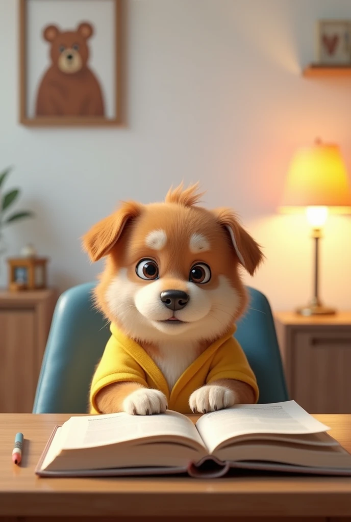 (Photorealism:1.2), fat dog,small,sit on the chair,hands on the table,holding a pencil,on the table there is an open book, decorative lamp on the table,laugh,wearing yellow shorts,white shoes,white wall background and bear painting,camera focus