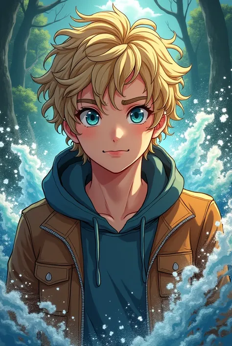 {Percy Jackson, son of Poseidon, dirty blond curly shaggy hair, curls, handsome, blue eyes, with the face of Walker Scobell} in the style of anime aesthetic, jan berenstain, colorful