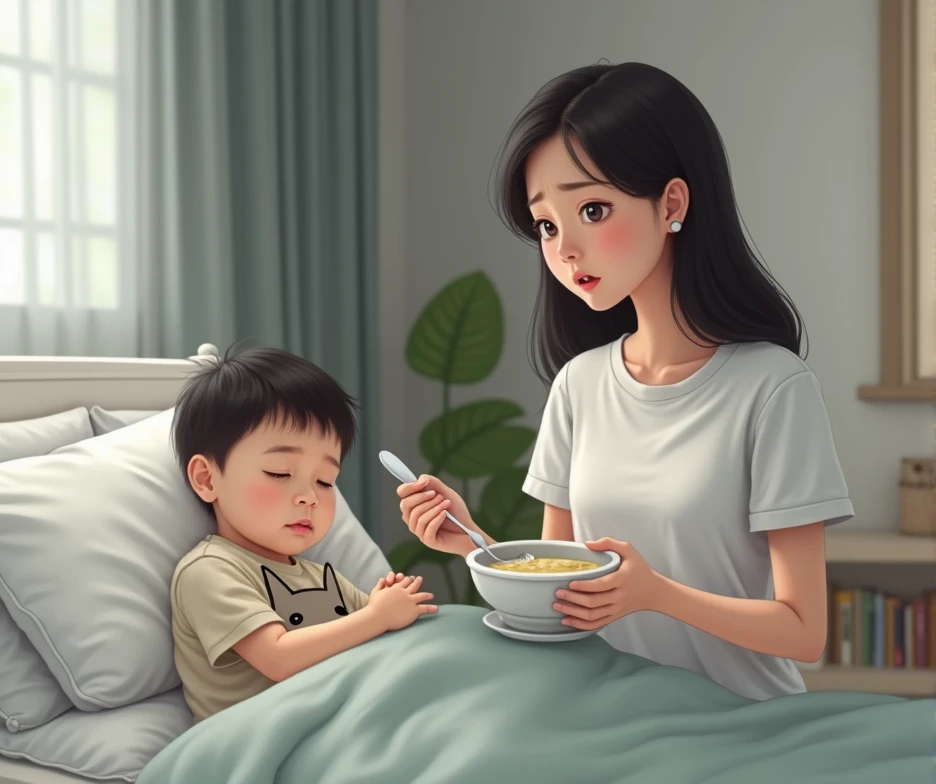 (Virtual image),1 Thai woman, 2, wearing a white t-shirt, left hand holding a spoon, right hand holding a bowl of rice soup, waiting to feed, sad face, not smiling, bowl of rice soup not placed near the child, sitting next to the bed, showing concern becau...