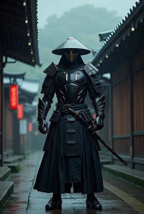 Create a samurai of the future wearing a black exoskeleton armor with a Kasa - Japanese straw hat on his head near a typical Japanese Dojo on a rainy night wearing a metal mask holding a Katana. 
