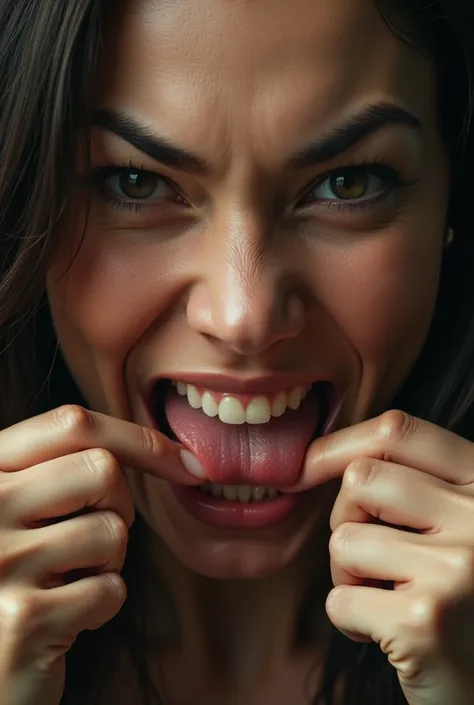 A woman pulling her lower lip down from her mouth with her fingers