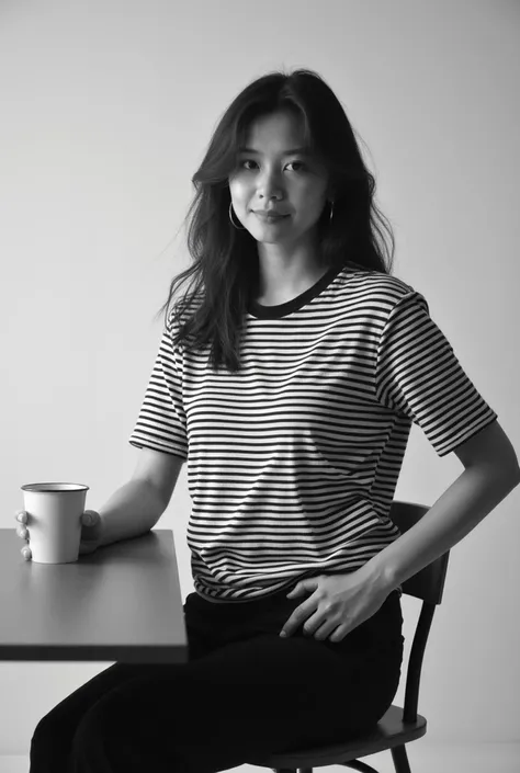 Black and white lining tshirt sit on chair hand on table with cup