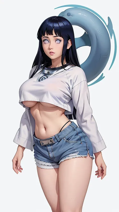 Hinata Hyuga, two tailed hair, blue eyes, a navel, Look at the spectators, put your hands behind your back, black jacket, Dolphin shorts, Section of the rat trail, (White shirt:1.2), wet transparent shirt, wide waist, busty, thick thighs, hinata hyuga insp...