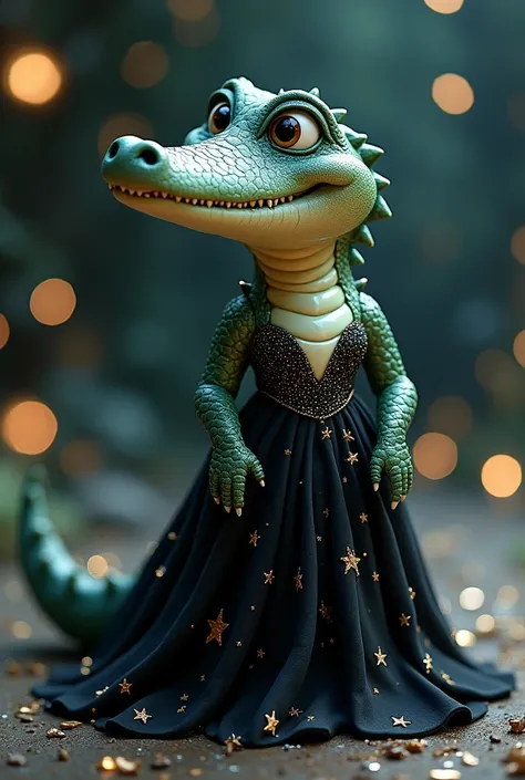 Kawaii cute crocodile in a long black glitter dress with stars