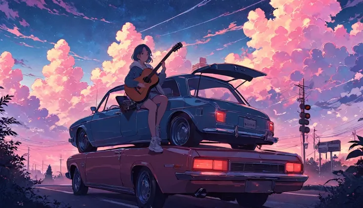 a woman sitting on the hood of a car with a guitar, lofi art, lofi girl, lofi artstyle, makoto shinkai cyril rolando, in style of makoto shinkai, mokoto shinkai, lofi album art, lofi vibes, style of makoto shinkai, studio glibly makoto shinkai