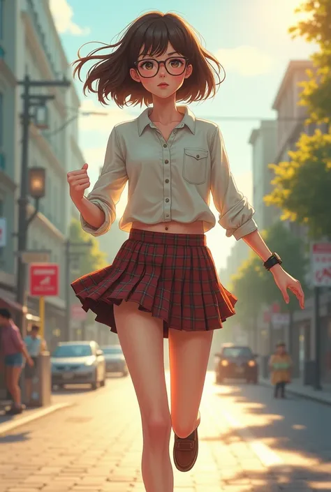 (Ultra flat, Flat Shading), Honor Type, Really blushing, , High school girl, She is wearing a long sleeve shirt and a pleated checked mini skirt, Short bob brown hair, Glasses, Sweaty healthy body, Mesgaquismiles, barefoot, loafers, Ultra-realistic, early ...