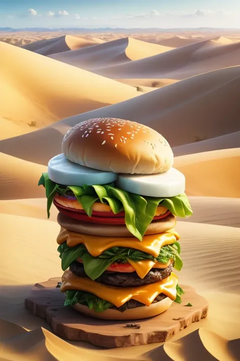 landscape,incredibly absurdres,teasing_smile,in summer,on a desert,burger,canonicals,on_side,caomeixiong