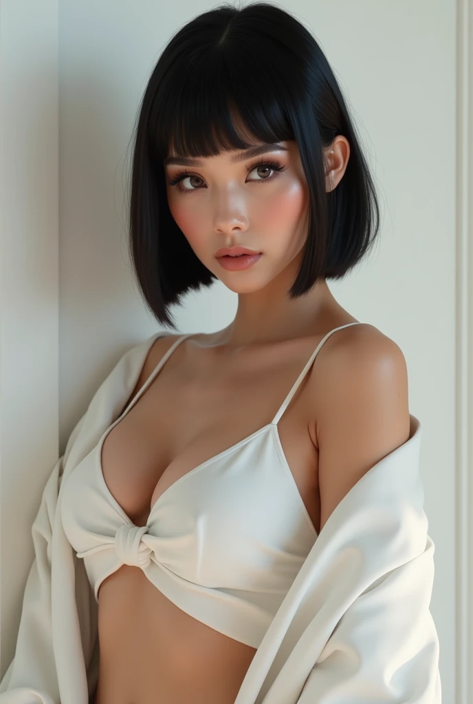 Hot girl with short bob hair cut and white transparent top
With bold look without top
