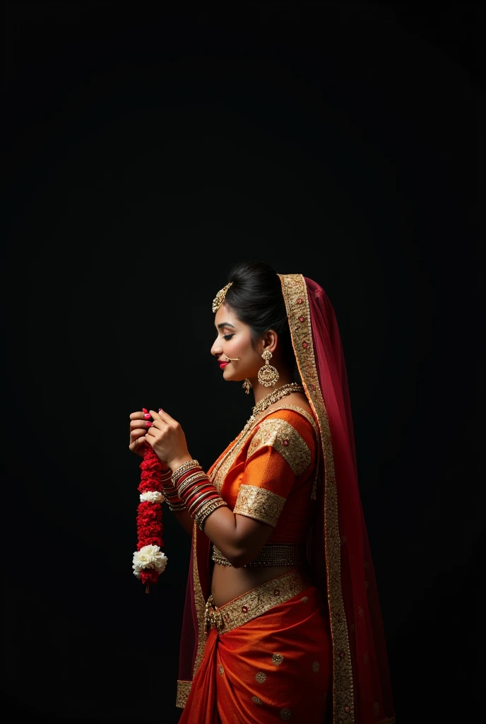 Indian traditional bride with wedding garland in hand side look  with black background 