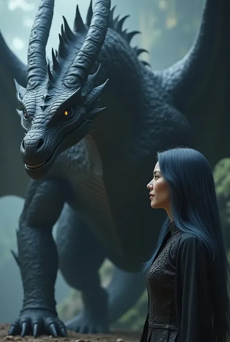 A large black dragon stands upright, in front of him a woman in her late 30s, average build, long black blue hair and blue grey eyes, small wrinkles on the face, 