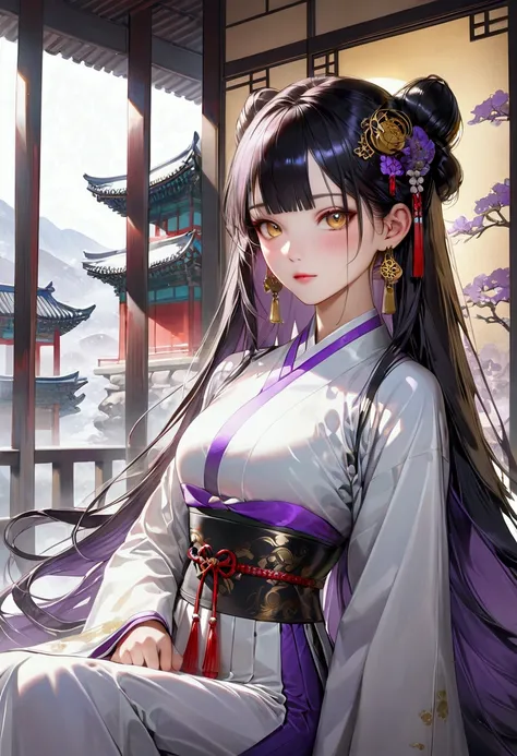 Long smooth straight black hair, inner colored dark-purple hair, golden eyes,sitting in Korean clothes, masterpiece, super detail, best quality, 8k,realistic