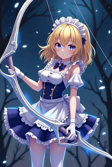 Night，blonde hair anime girl，short skirt maid outfit，White gloves，white pantyhose，Holding a huge magic bow