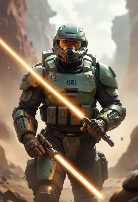 male spartan 2 super soldier from halo, wearing green mk 6 armour, golden faceplate, the number 141 written on the left side of the chestplate double bladed orange lightsabre in hands, battle scean