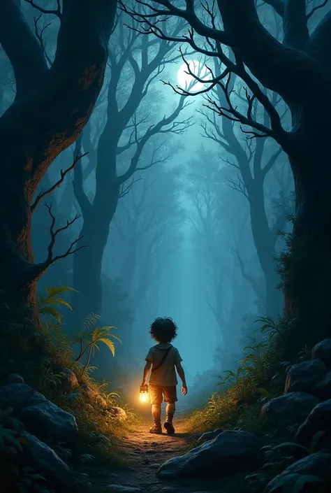 The boy is roaming in a dense forest and he has a lantern in his hand