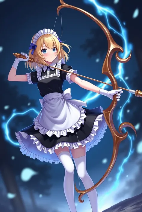 Night，blonde hair anime girl，short skirt maid outfit，White gloves，white pantyhose，Holding a huge magic bow