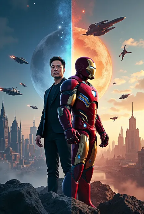 Comparing Elon Musk and Ironman in the story of being a hero of humanity, the background shows technology that helps humanity, the background asks for more advanced technology, more creative, half of the background is Elon, half is Iron Man, and half is mo...