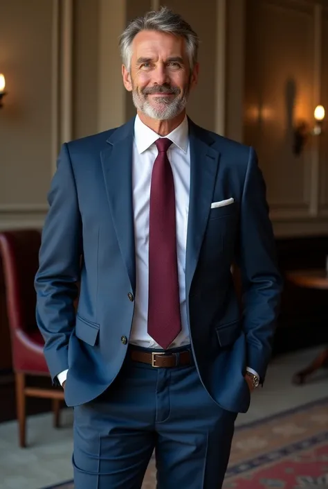 A man wearing a powder blue blazer a white shirt inside with a wine or deep red tie. Also wearing a navy blue trouser underneath