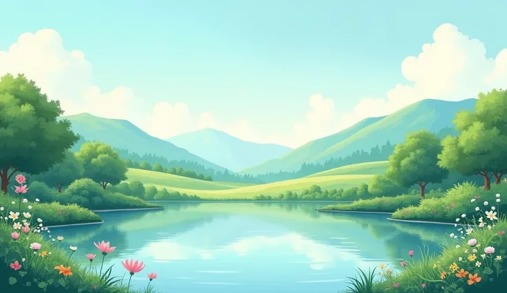 A serene scene featuring a peaceful landscape, such as a calm lake surrounded by mountains or a tranquil garden. The focus is on the natural beauty and stillness, symbolizing inner strength and peace. The scene is drawn in a gentle, soothing comic style wi...